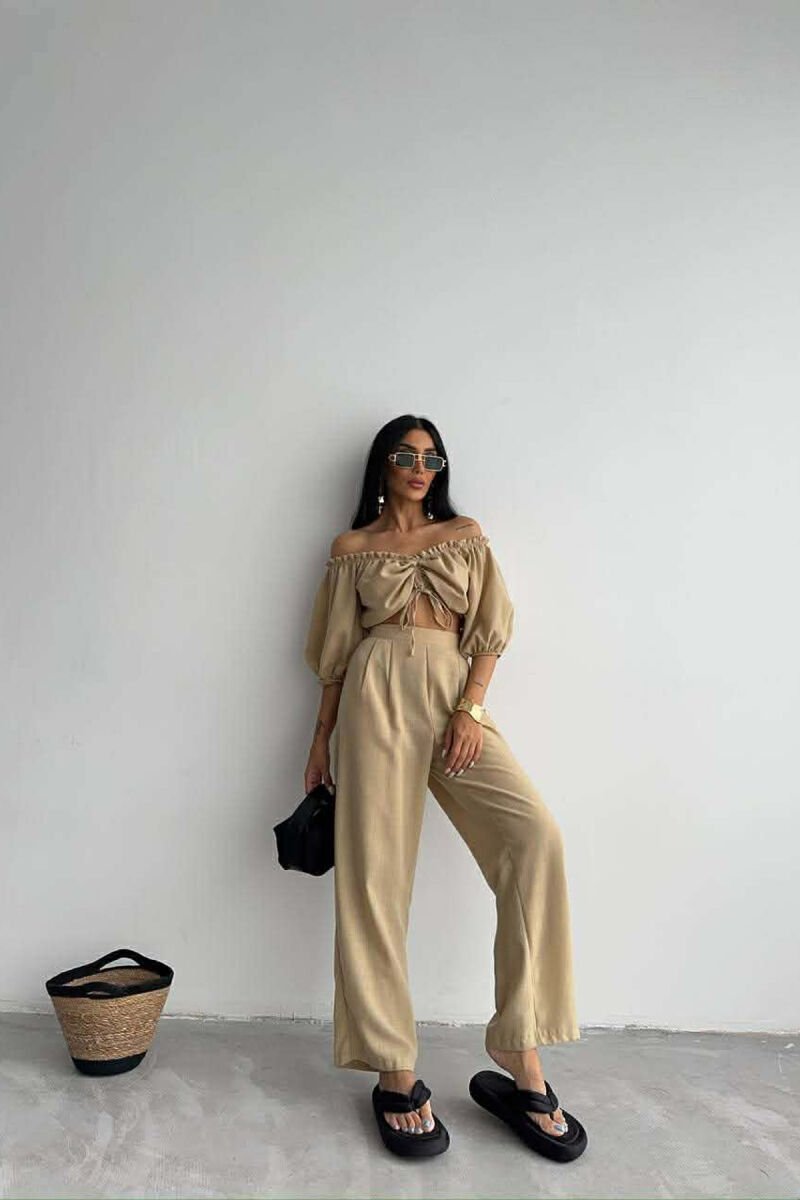 SET CROP TOP + PANTALLONA PER FEMRA NE NGJYRE BEZHE - 5