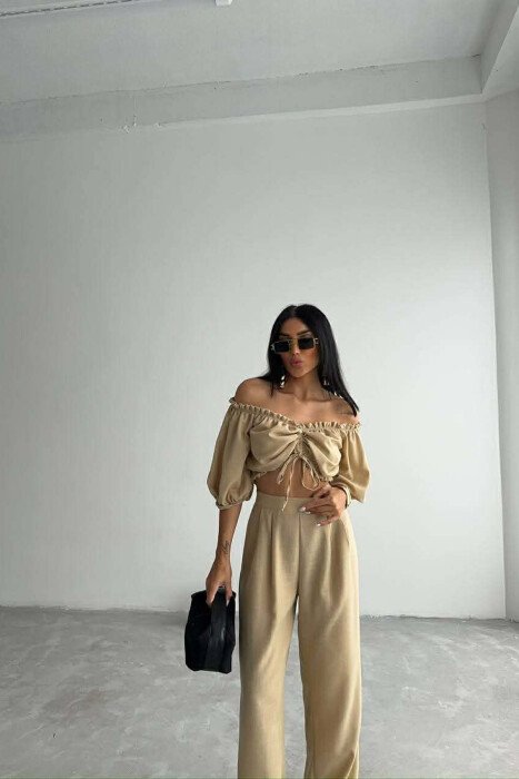 SET CROP TOP + PANTALLONA PER FEMRA NE NGJYRE BEZHE - 6