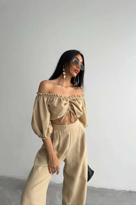SET CROP TOP + PANTALLONA PER FEMRA NE NGJYRE BEZHE - 7