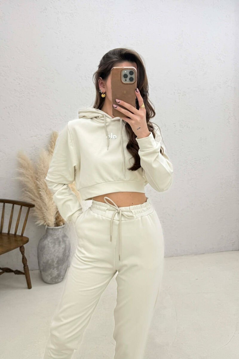 SET HOODIE ME SHKRIME + TUTA PER FEMRA NE NGJYRE KREM - 2