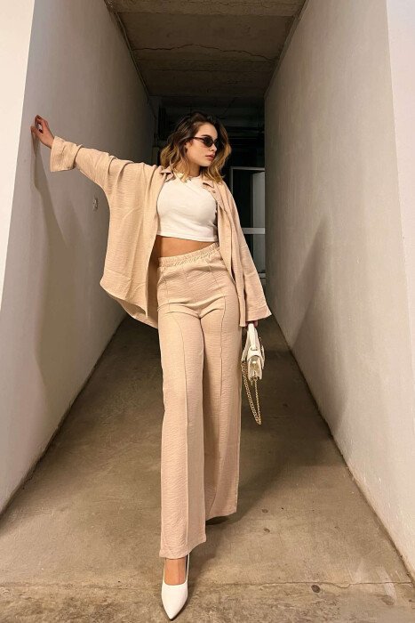 SET I THJESHTË KËMISHË+PANTALLONA PËR FEMRA NË NGJYRËN BEZHË - KLAUDIO FASHION