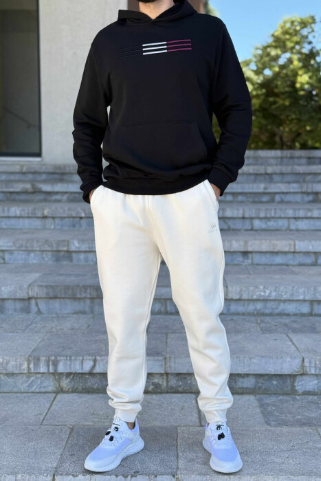 SET I THJESHTË ME PUSH HOODIE+TUTA PËR MESHKUJ NË NGJYRËN KREM+E ZEZË - 1