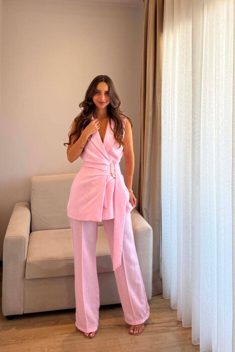 SET JELEK ME DETAJ GOLD + PANTALLONA PER FEMRA NE NGJYRE ROZE - 2