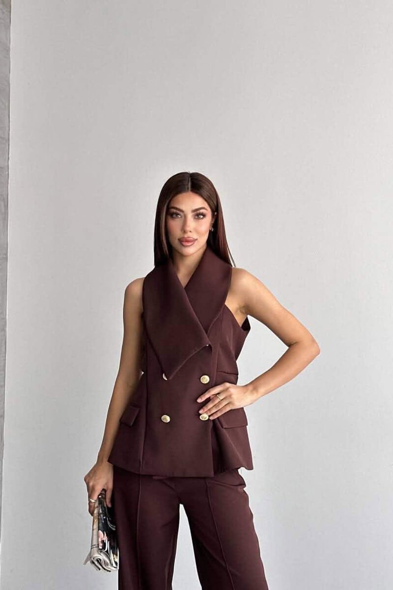 SET JELEK ME BUTONA GOLD + PANTALLONA PER FEMRA NE NGJYRE KAFE TE ERRET - 5