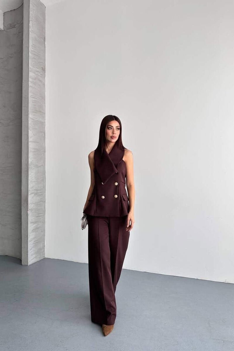 SET JELEK ME BUTONA GOLD + PANTALLONA PER FEMRA NE NGJYRE KAFE TE ERRET - 6