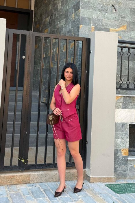 SET JELEK ME BUTONA + PANTALLONA TE SHKURTRA PER FEMRA NE NGJYRE VISHNJE - 6