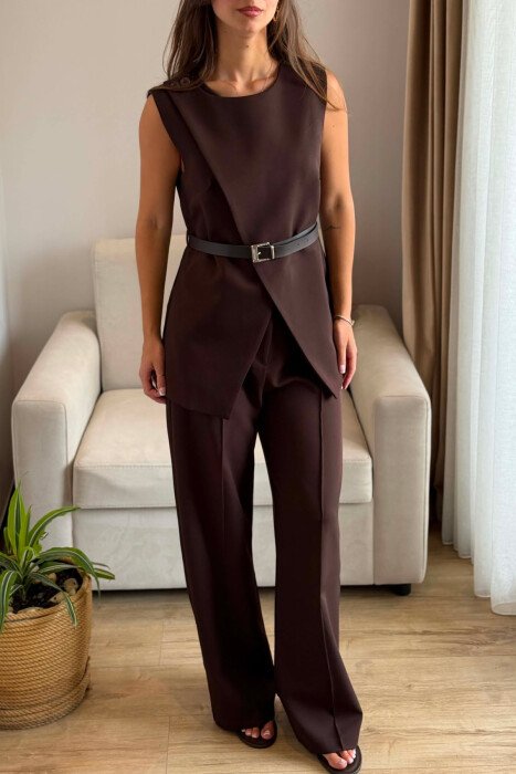 SET JELEK ME DETAJIN E RRIPIT + PANTALLONA PER FEMRA NBE NGJYRE KAFE - 3