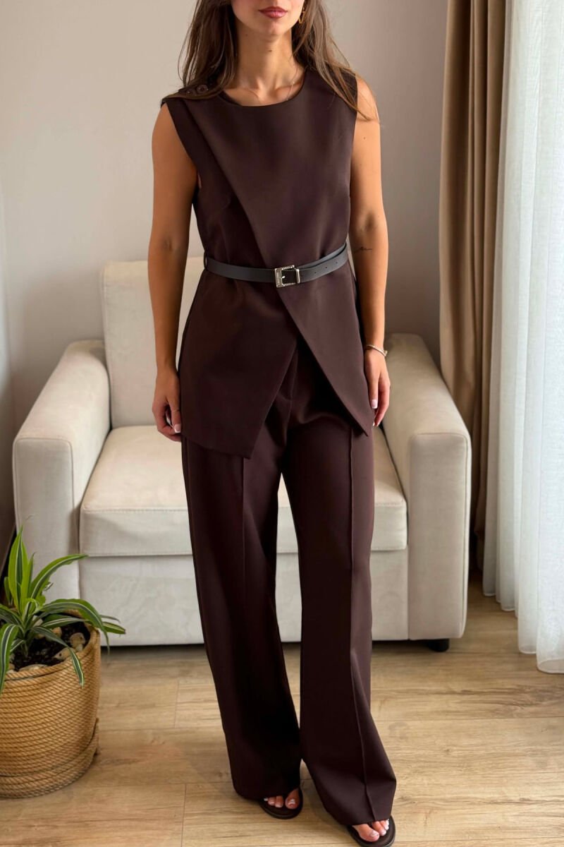 SET JELEK ME DETAJIN E RRIPIT + PANTALLONA PER FEMRA NBE NGJYRE KAFE - 3