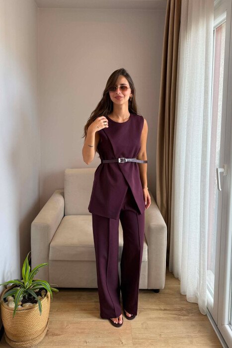 SET JELEK ME DETAJIN E RRIPIT + PANTALLONA PER FEMRA NBE NGJYRE VISHNJE - KLAUDIO FASHION