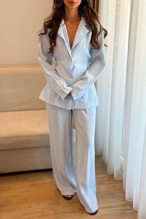 SET KEMISHE ME LIDHESE TEK BELI + PANTALONA PER FEMRA NE NGJYRE BLU TE ZBARDHUR - 3
