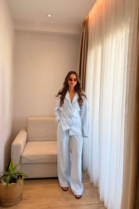 SET KEMISHE ME LIDHESE TEK BELI + PANTALONA PER FEMRA NE NGJYRE BLU TE ZBARDHUR - 6