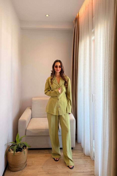 SET KEMISHE ME LIDHESE TEK BELI + PANTALONA PER FEMRA NE NGJYRE JESHILE TE ZBARDHUR 