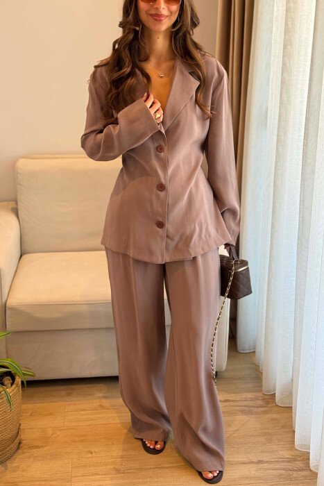 SET KEMISHE ME LIDHESE TEK BELI + PANTALONA PER FEMRA NE NGJYRE KAFE TE ZBARDHUR - 3