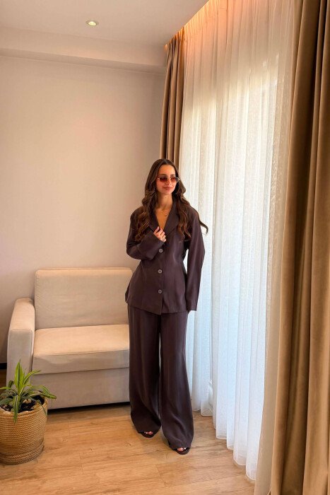SET KEMISHE ME LIDHESE TEK BELI + PANTALONA PER FEMRA NE NGJYRE KAFE TE ERRET - 5