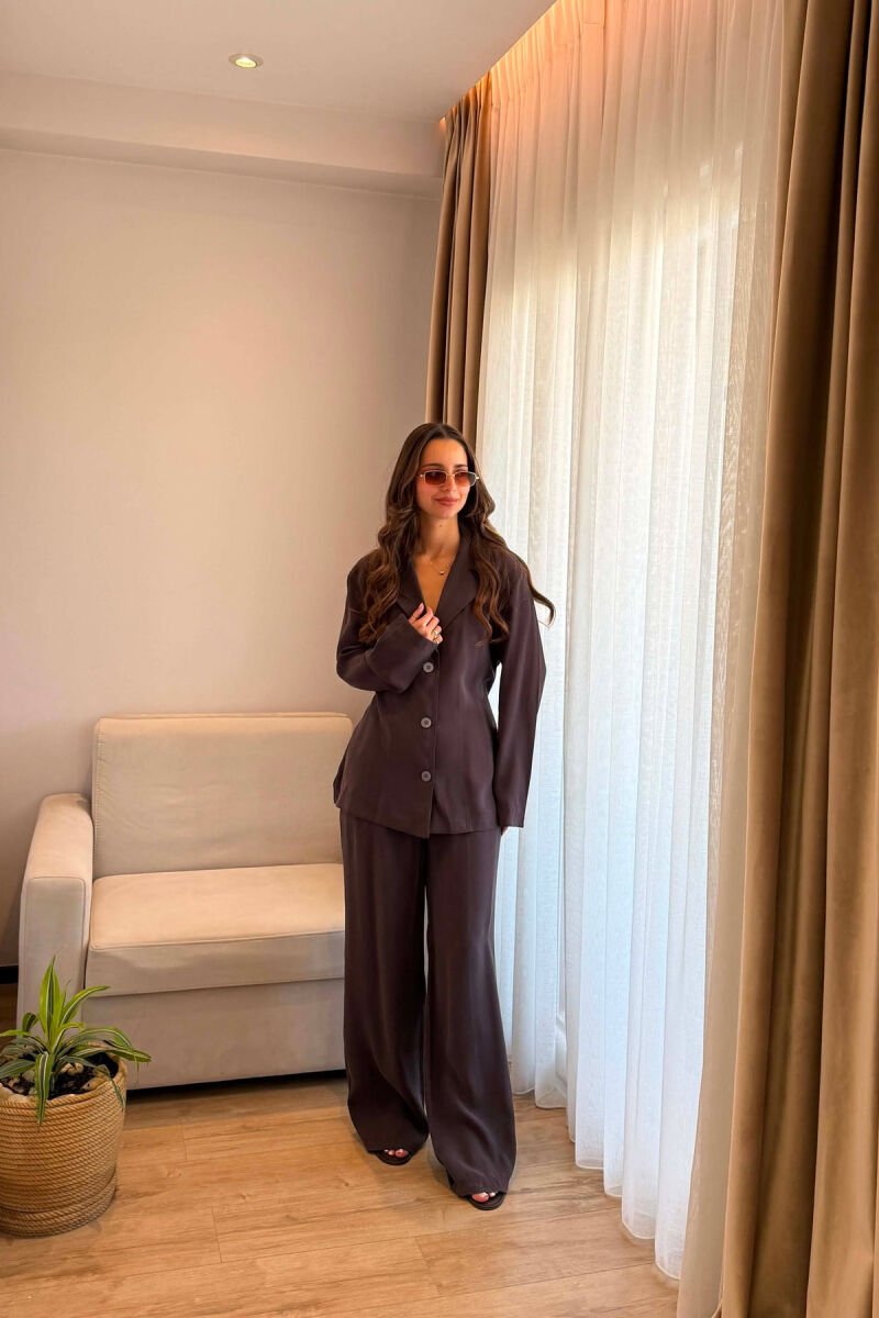 SET KEMISHE ME LIDHESE TEK BELI + PANTALONA PER FEMRA NE NGJYRE KAFE TE ERRET - 5
