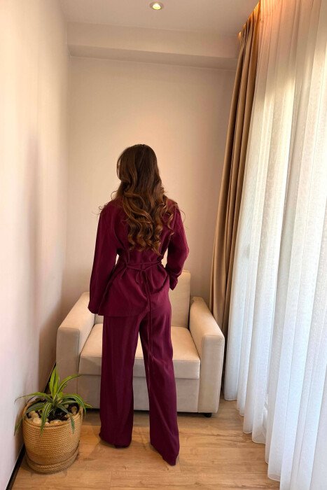 SET KEMISHE ME LIDHESE TEK BELI + PANTALONA PER FEMRA NE NGJYRE VISHNJE - 3