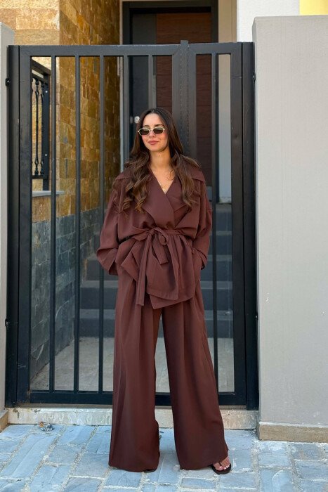 SET KEMISHE ME LIDHESE TEK PJESA E BELIT + PANTALLONA PER FEMRA NE NGJYRE KAFE 