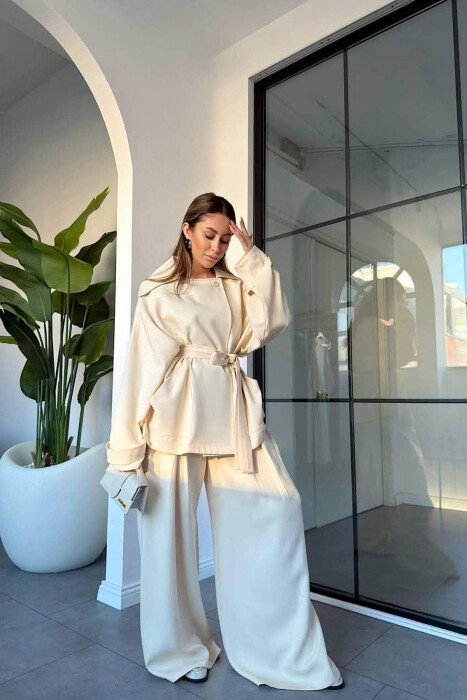 SET KEMISHE ME LIDHESE TEK PJESA E BELIT + PANTALLONA PER FEMRA NE NGJYRE KREM - KLAUDIO FASHION