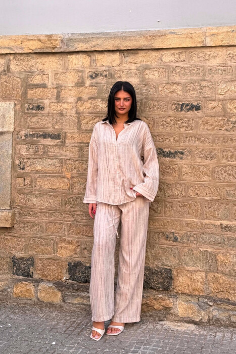 SET KEMISHE ME MENGE TE GJATA + PANTALLONA PER FEMRA NE NGJYRE BEZHE - KLAUDIO FASHION