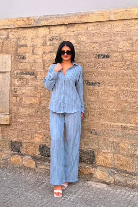 SET KEMISHE ME MENGE TE GJATA + PANTALLONA PER FEMRA NE NGJYRE BLU TE ZBARDHUR - 3