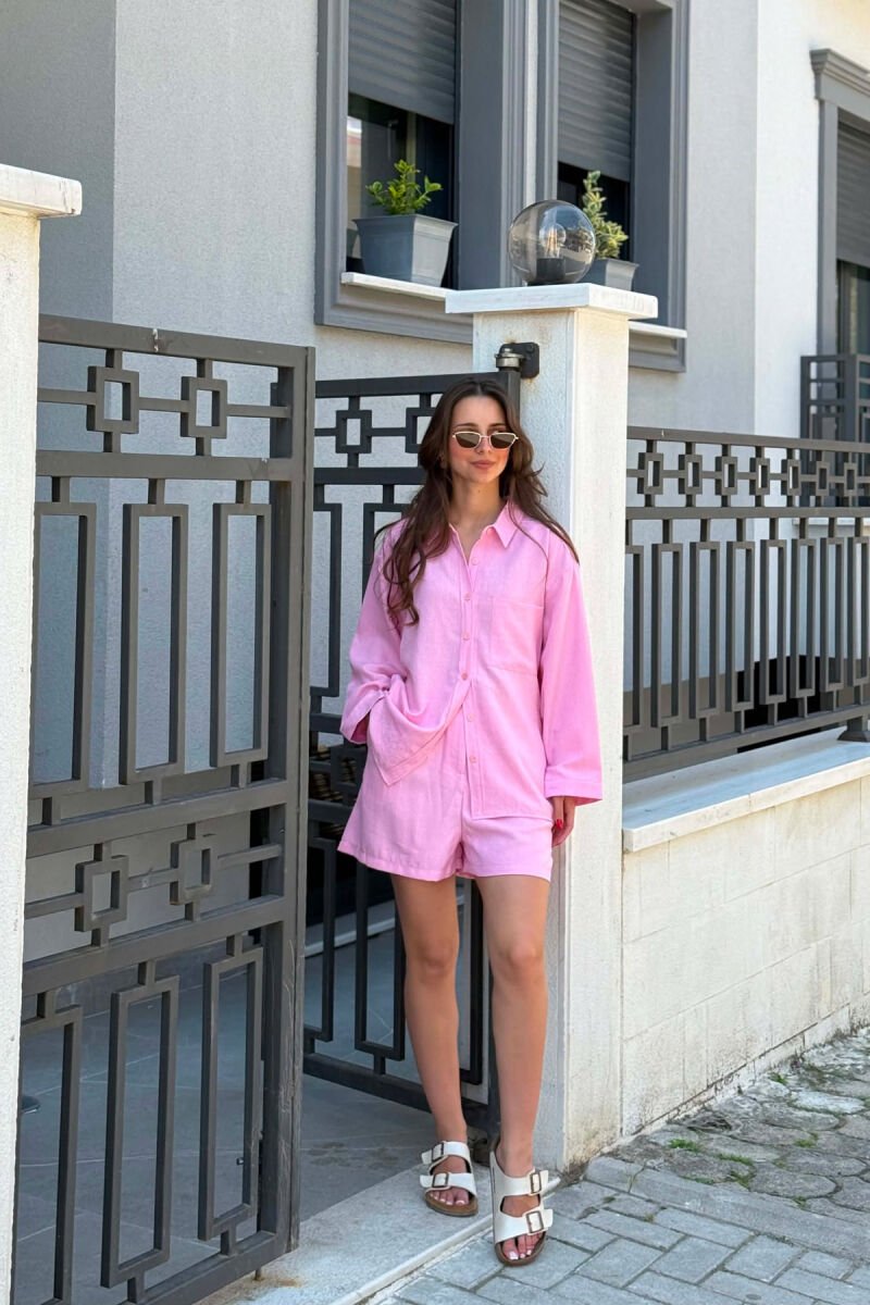 SET KEMISHE ME XHEP PARA + PANTALLONA TE SHKURTRA PER FEMRA NE NGJYRE ROZE - 1