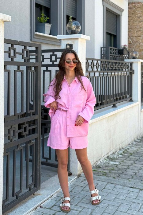 SET KEMISHE ME XHEP PARA + PANTALLONA TE SHKURTRA PER FEMRA NE NGJYRE ROZE - 4