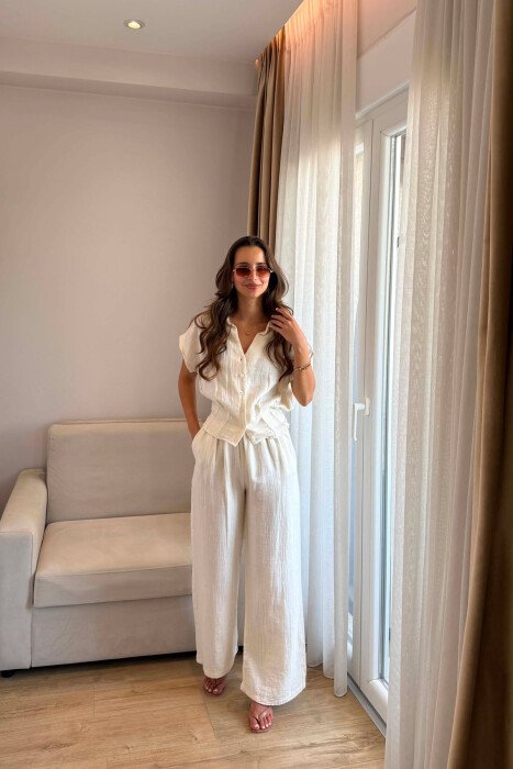 SET KEMISHE PA MENGE + PANTALLONA PER FEMRA NE NGJYRE KREM - KLAUDIO FASHION