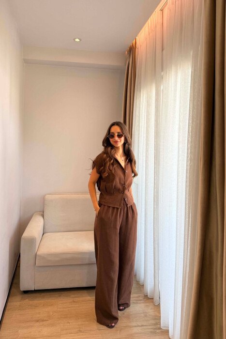 SET KEMISHE PA MENGE + PANTALLONA PER FEMRA NE NGJYRE KAFE - KLAUDIO FASHION