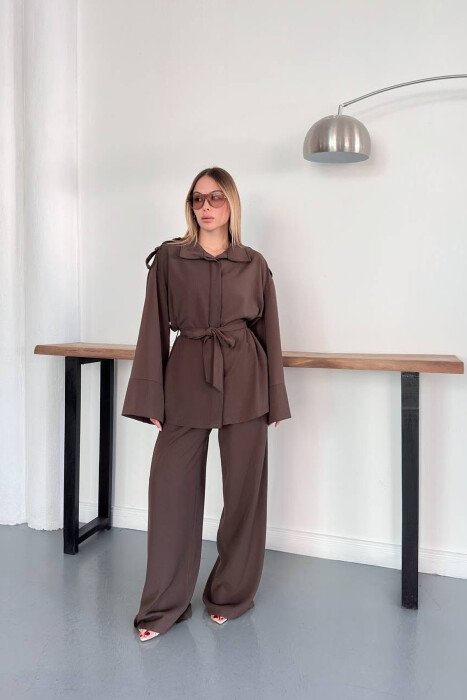 SET KEMISHE+PANTALLONA PER FEMRA NE NGJYRE KAFE TE ERRET - KLAUDIO FASHION