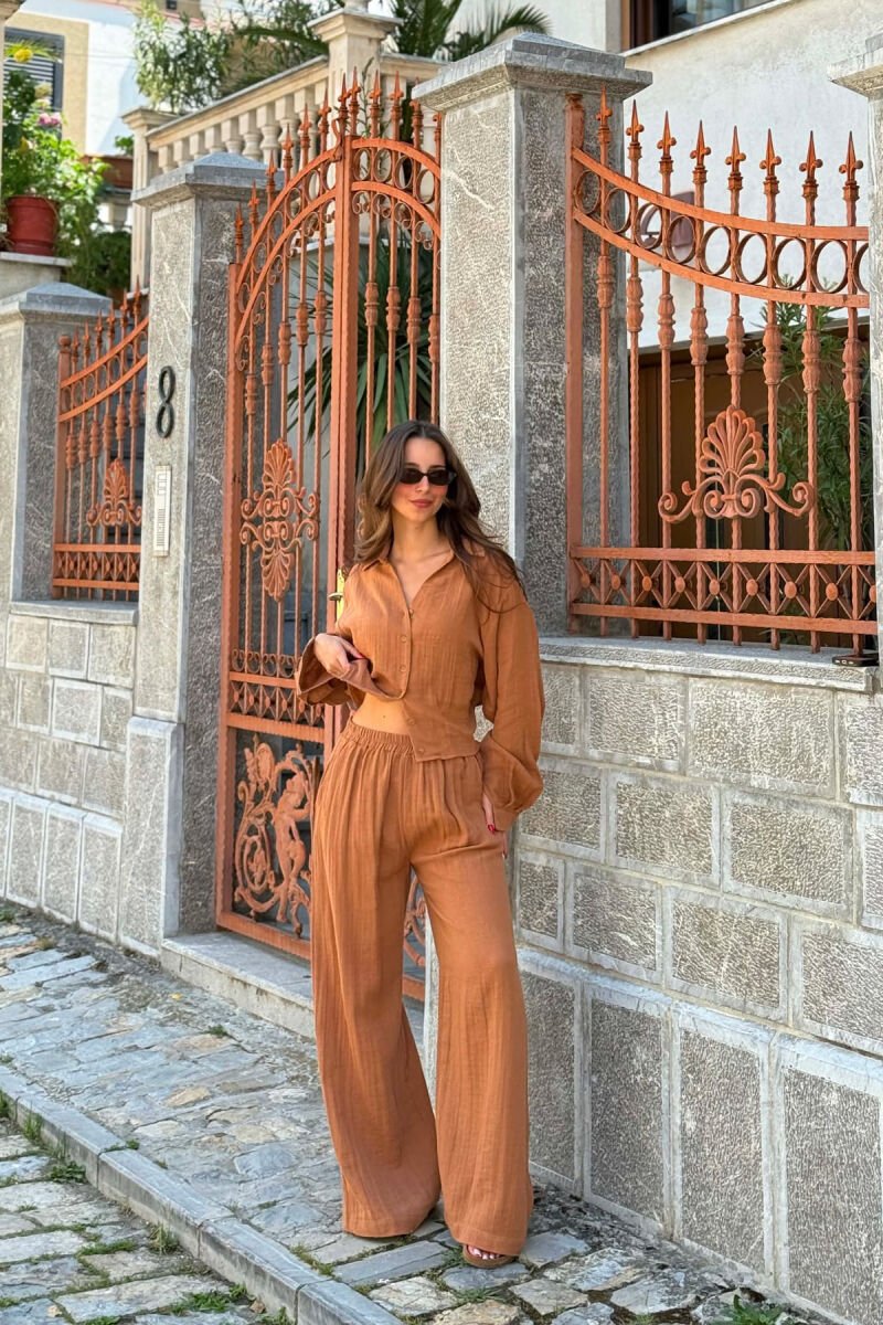 SET LINO KEMISHE + PANTALLONA TE GJERA PER FEMRA NE NGJYRE KAFE - 2