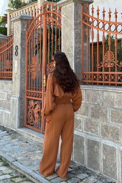 SET LINO KEMISHE + PANTALLONA TE GJERA PER FEMRA NE NGJYRE KAFE - 3