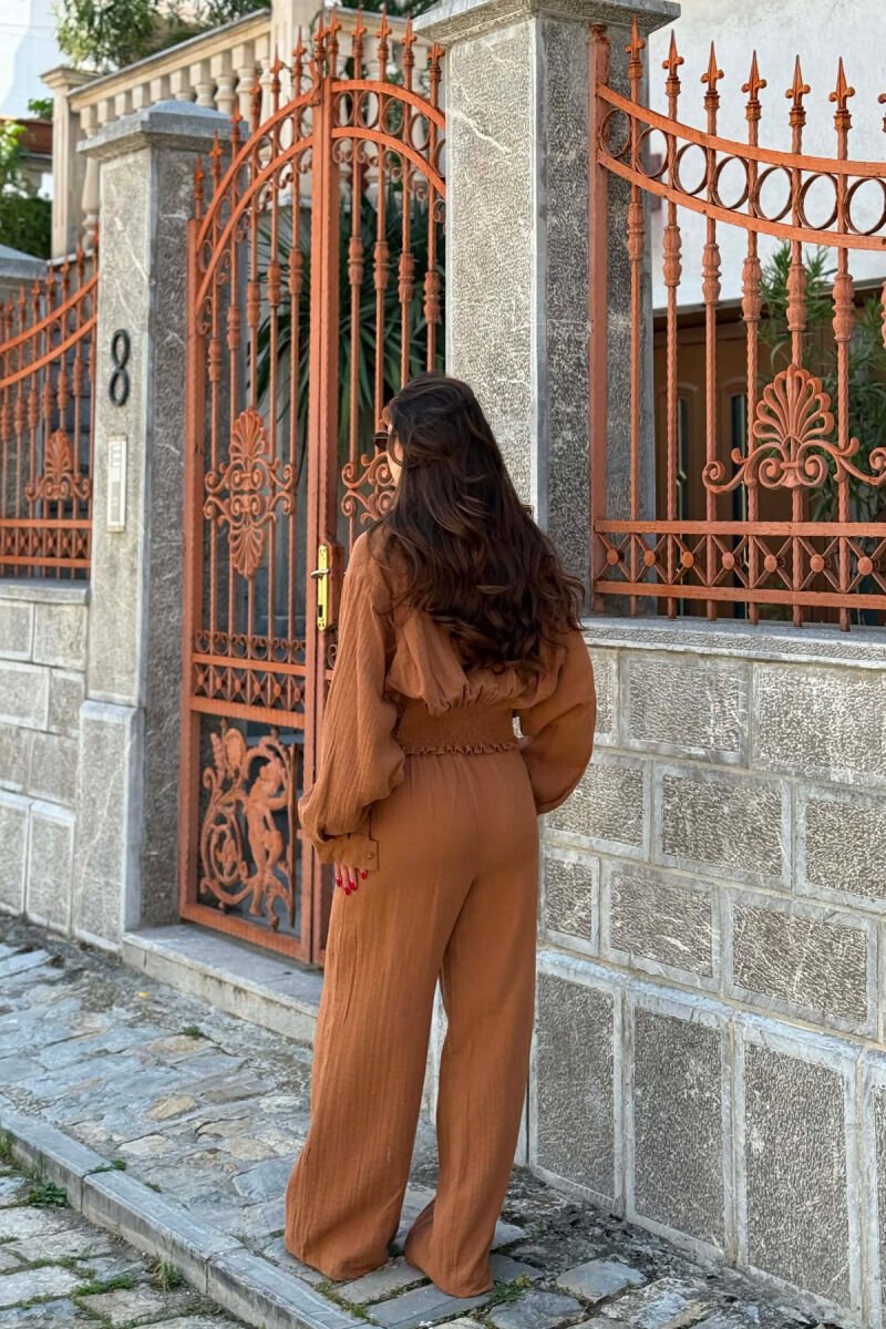 SET LINO KEMISHE + PANTALLONA TE GJERA PER FEMRA NE NGJYRE KAFE - 3
