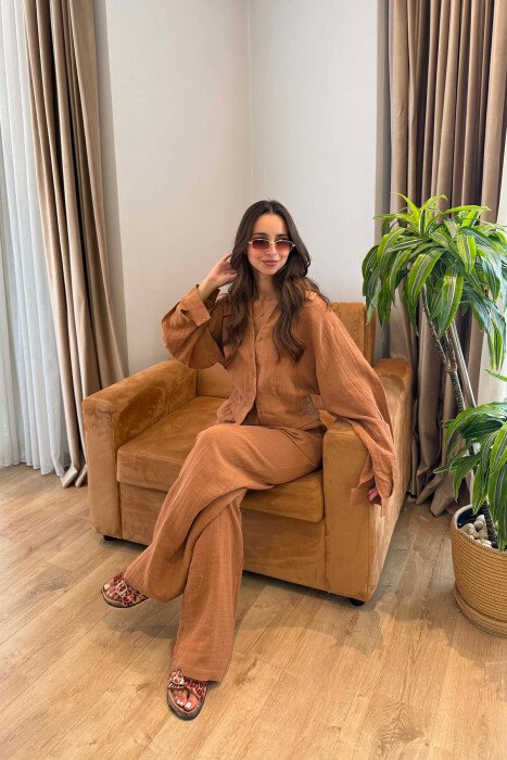 SET LINO KEMISHE + PANTALLONA TE GJERA PER FEMRA NE NGJYRE KAFE - 2