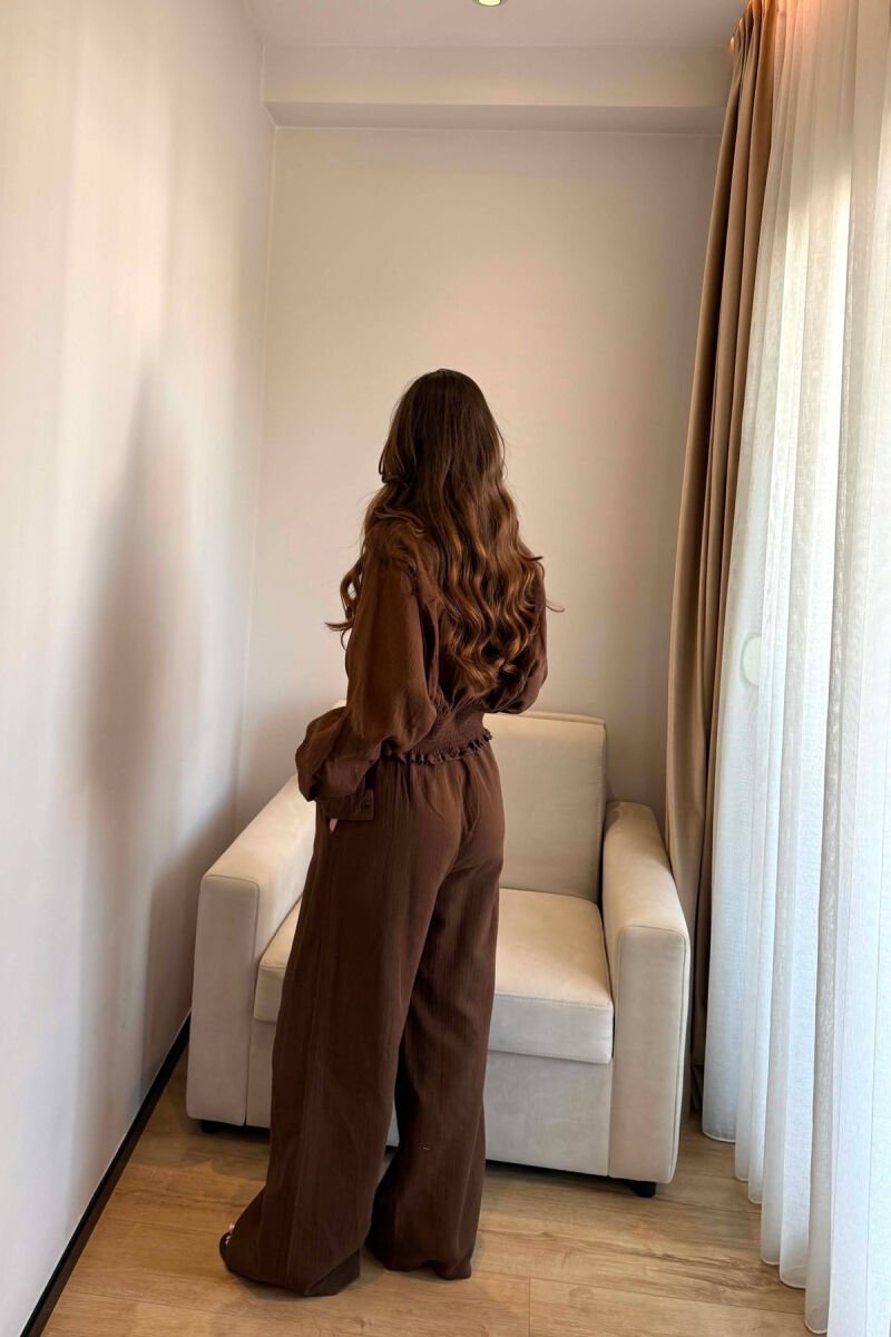 SET LINO KEMISHE + PANTALLONA TE GJERA PER FEMRA NE NGJYRE KAFE TE ERRET - 3