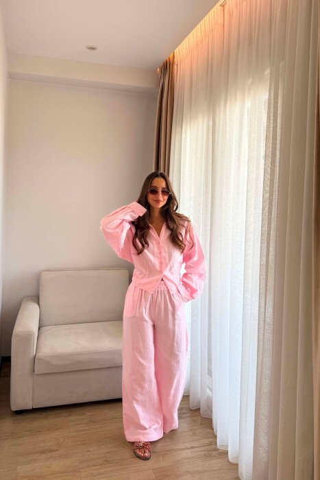 SET LINO KEMISHE + PANTALLONA TE GJERA PER FEMRA NE NGJYRE ROZE 
