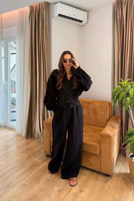 SET LINO KEMISHE + PANTALLONA TE GJERA PER FEMRA NE NGJYRE TE ZEZE - KLAUDIO FASHION