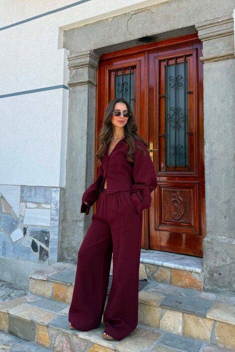 SET LINO KEMISHE + PANTALLONA TE GJERA PER FEMRA NE NGJYRE VISHNJE - 3