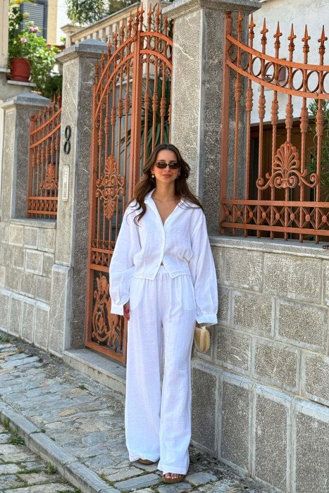 SET LINO KEMISHE + PANTALLONA TE GJERA PER FEMRA NE NGJYRE TE BARDHE - KLAUDIO FASHION