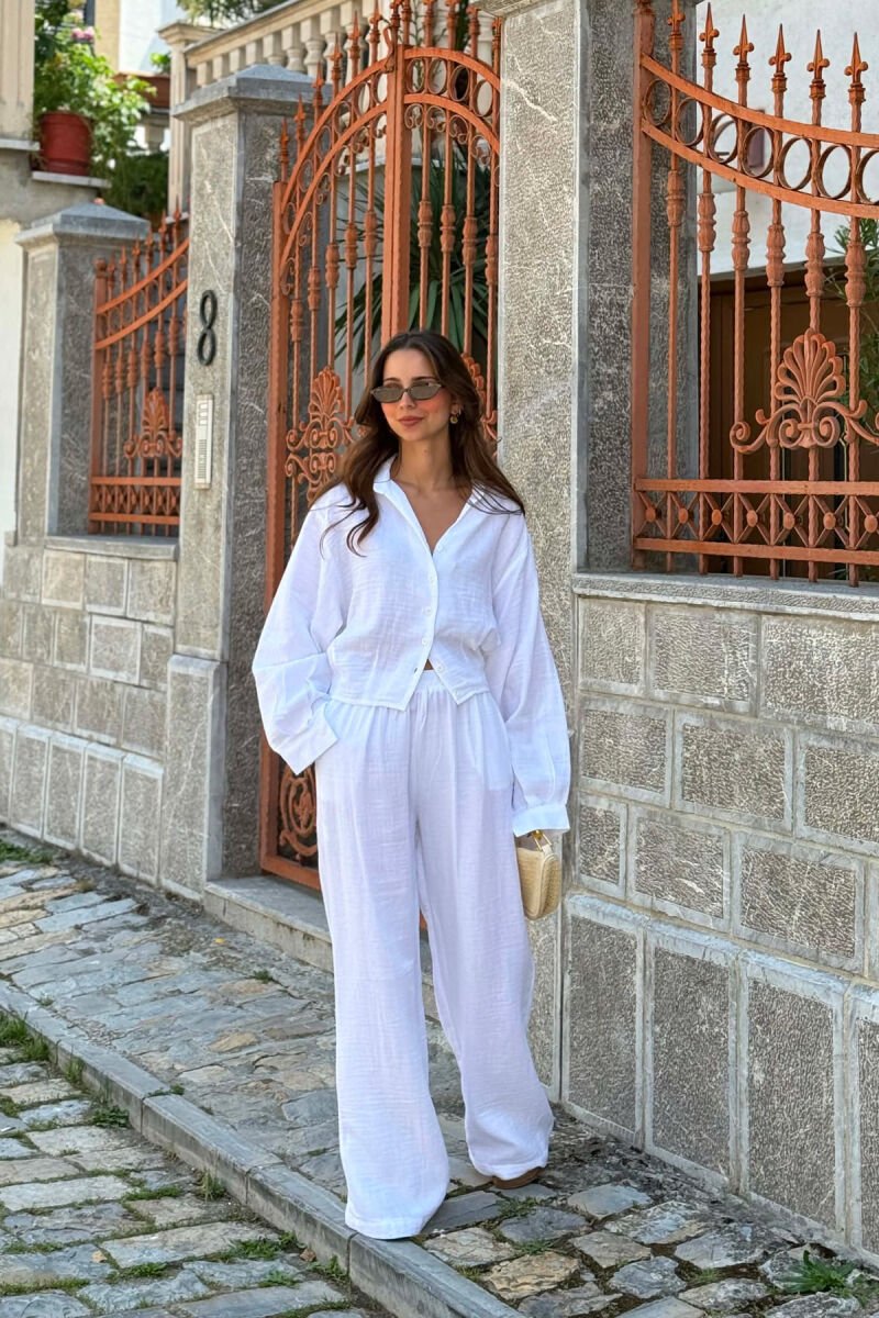 SET LINO KEMISHE + PANTALLONA TE GJERA PER FEMRA NE NGJYRE TE BARDHE - 3