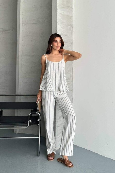 SET ME DIZAJN ME VIJA KANATIERE + PANTALLONA PER FEMRA NE NGJYRE KREM+ BLU - 2