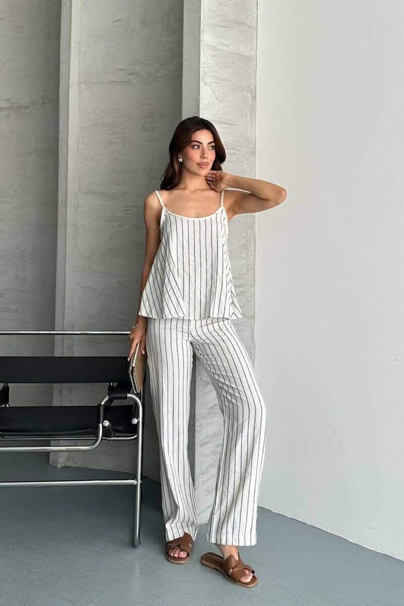 SET ME DIZAJN ME VIJA KANATIERE + PANTALLONA PER FEMRA NE NGJYRE KREM+ BLU - 2
