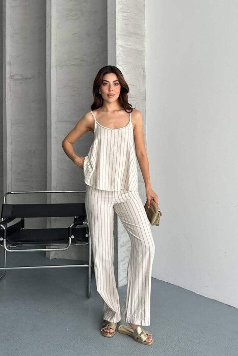 SET ME DIZAJN ME VIJA KANATIERE + PANTALLONA PER FEMRA NE NGJYRE KREM+ KAFE - 2