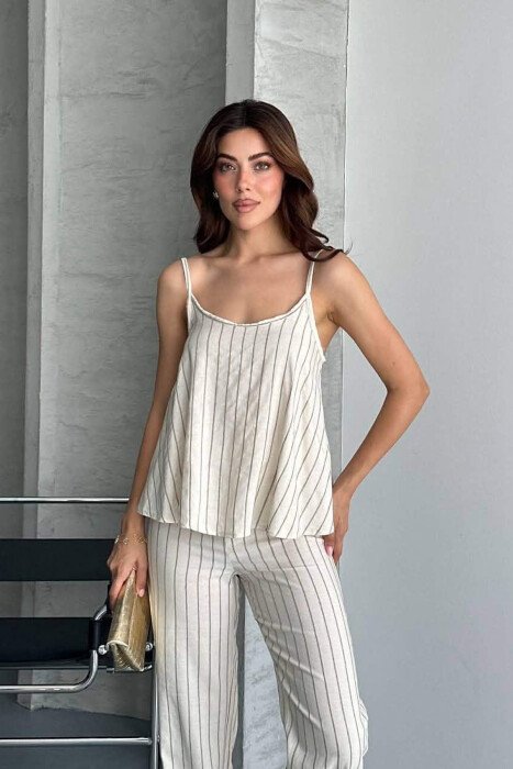 SET ME DIZAJN ME VIJA KANATIERE + PANTALLONA PER FEMRA NE NGJYRE KREM+ KAFE - 3