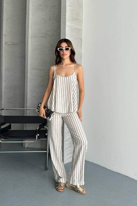 SET ME DIZAJN ME VIJA KANATIERE + PANTALLONA PER FEMRA NE NGJYRE KREM+ TE ZEZE - KLAUDIO FASHION