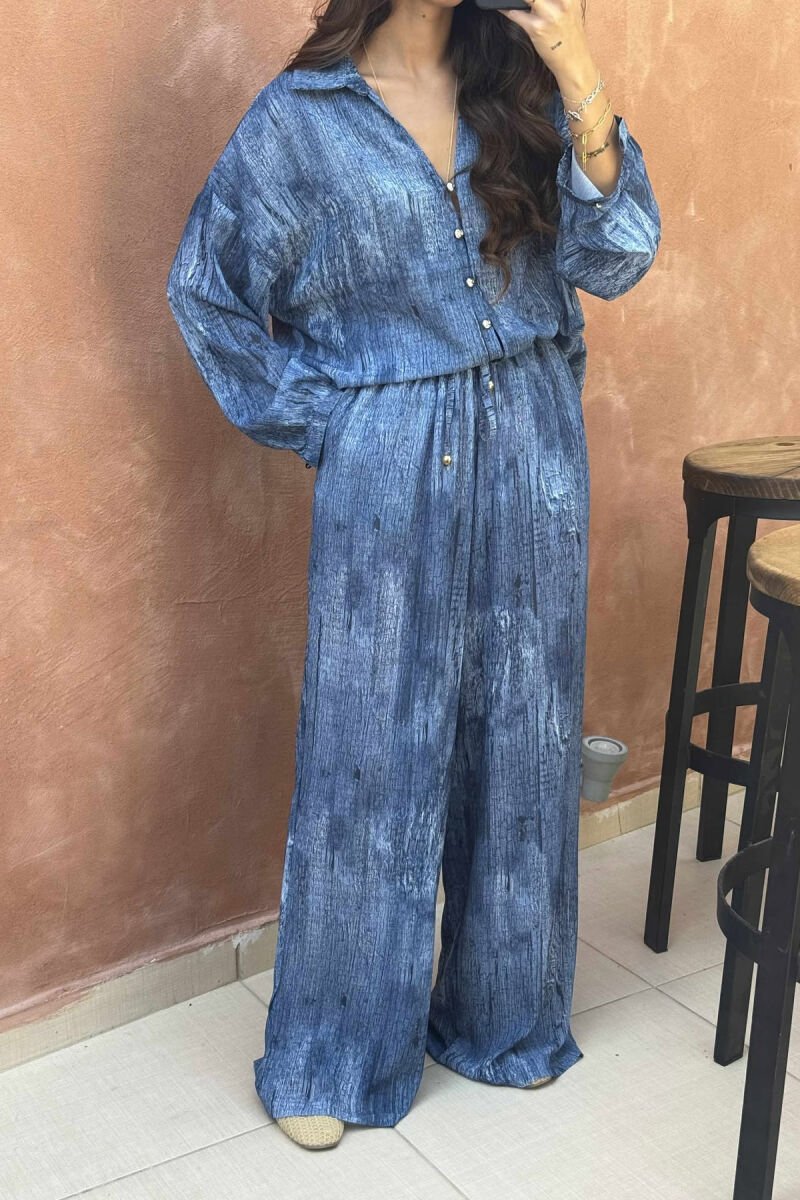 SET ME DIZAJNE TË THJESHTA KÊMISHË+PANTALLONA PËR FEMRA NË NGJYRËN BLU - 3