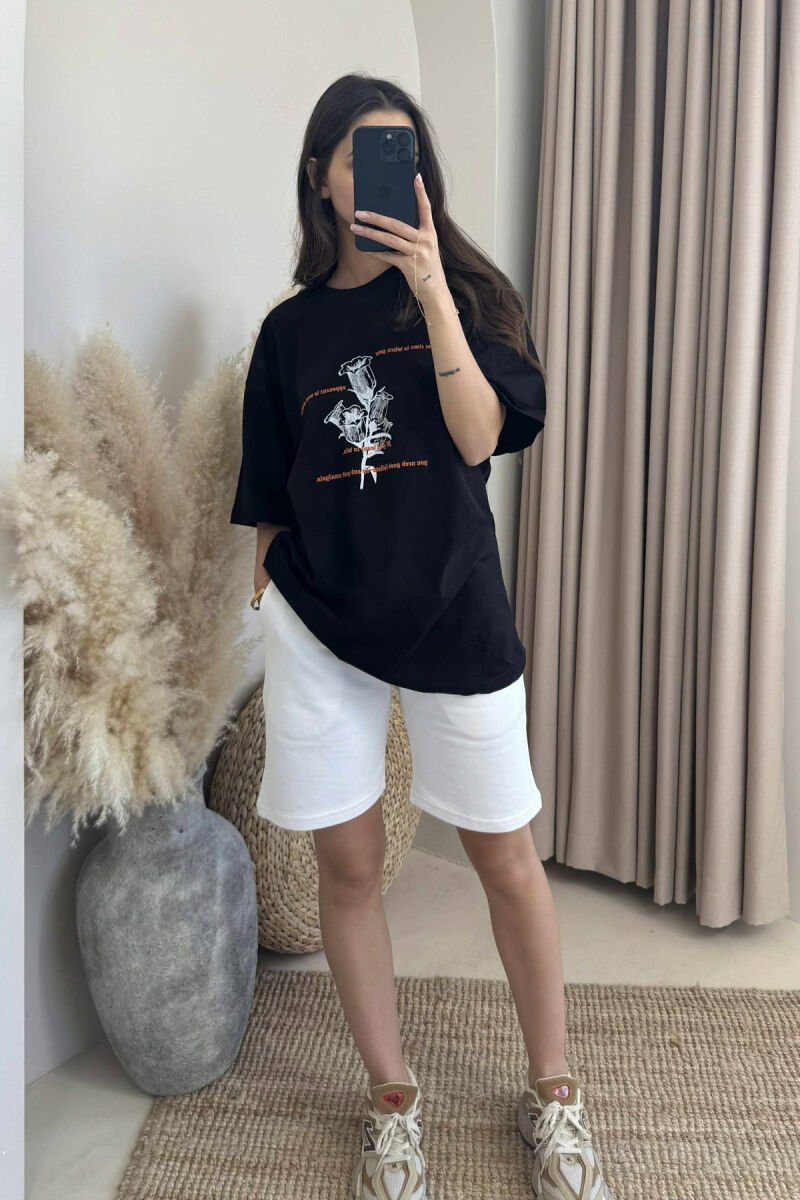 SET ME IMAZH T-SHIRT+PANTALLONA TË SHKURTRA PËR FEMRA NË NGJYRËN E BARDHË+E ZEZË - 1