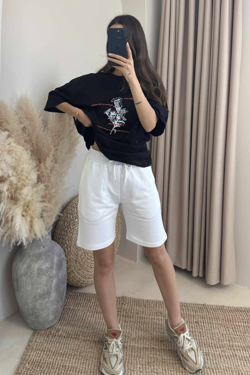 SET ME IMAZH T-SHIRT+PANTALLONA TË SHKURTRA PËR FEMRA NË NGJYRËN E BARDHË+E ZEZË - 2