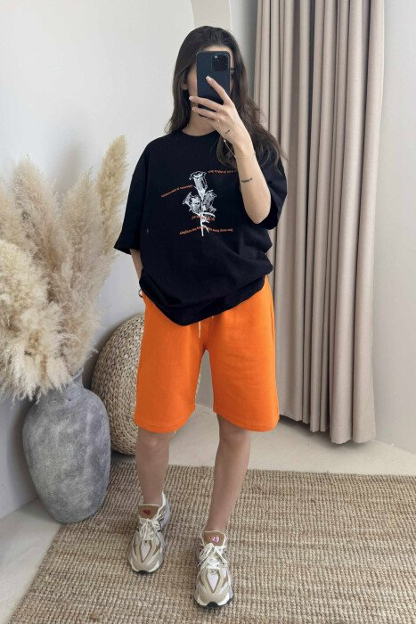 SET ME IMAZH T-SHIRT+PANTALLONA TË SHKURTRA PËR FEMRA NË NGJYRËN PORTOKALLI E ERRËT - 2