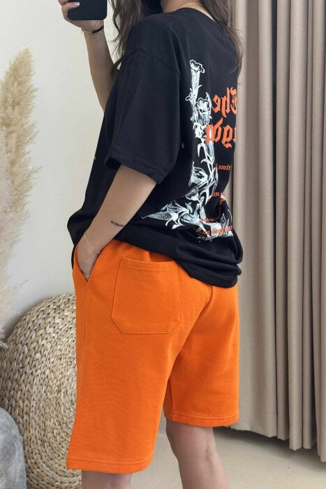 SET ME IMAZH T-SHIRT+PANTALLONA TË SHKURTRA PËR FEMRA NË NGJYRËN PORTOKALLI E ERRËT - 4