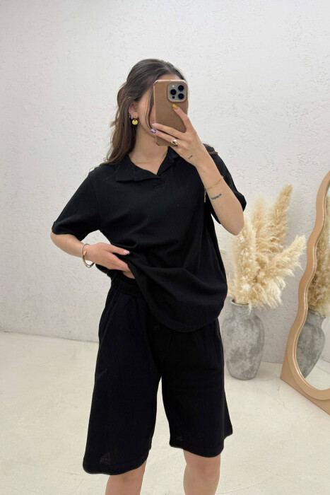 SET ME TEKSTURE T-SHIRT ME JAKE POLO + PANTALLONA TE SHKURTRA PER FEMRA NE NGJYRE TE ZEZE - 4